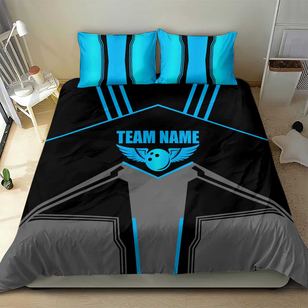 Custom Bowling Team Bedding Set with Blue Bowling Pin Heartbeat Graphic and Winged Emblem - Wonder Print Shop