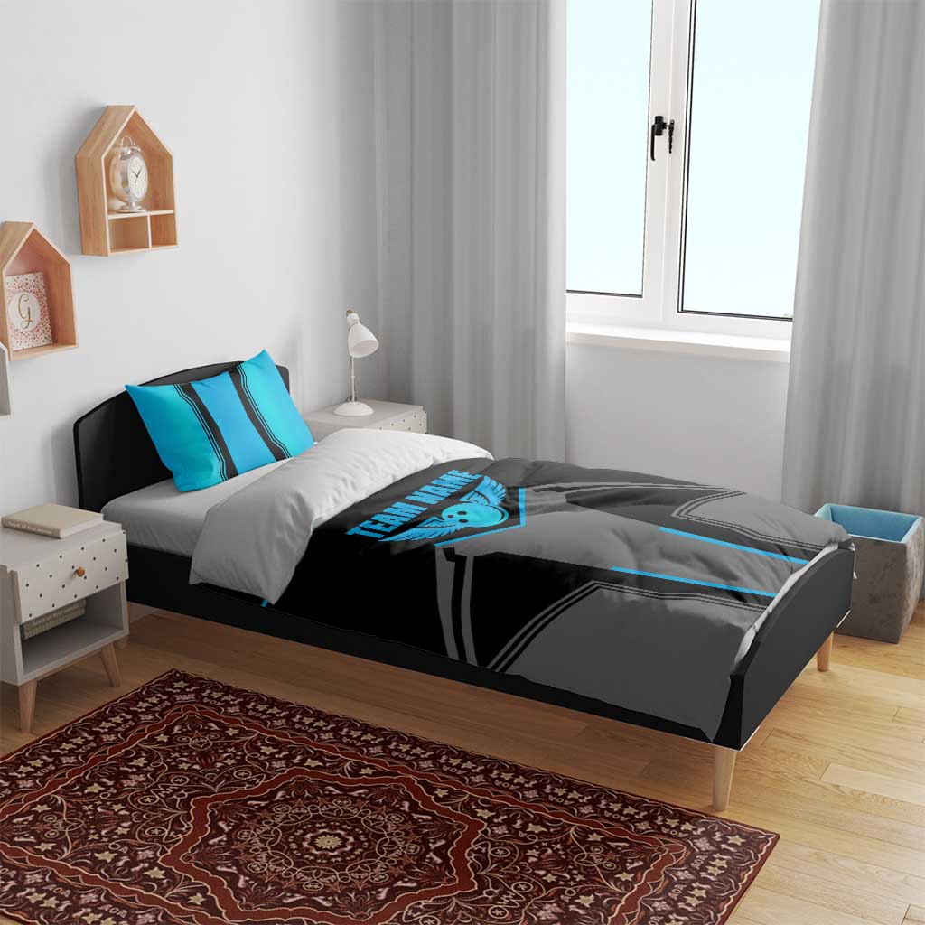 Custom Bowling Team Bedding Set with Blue Bowling Pin Heartbeat Graphic and Winged Emblem - Wonder Print Shop