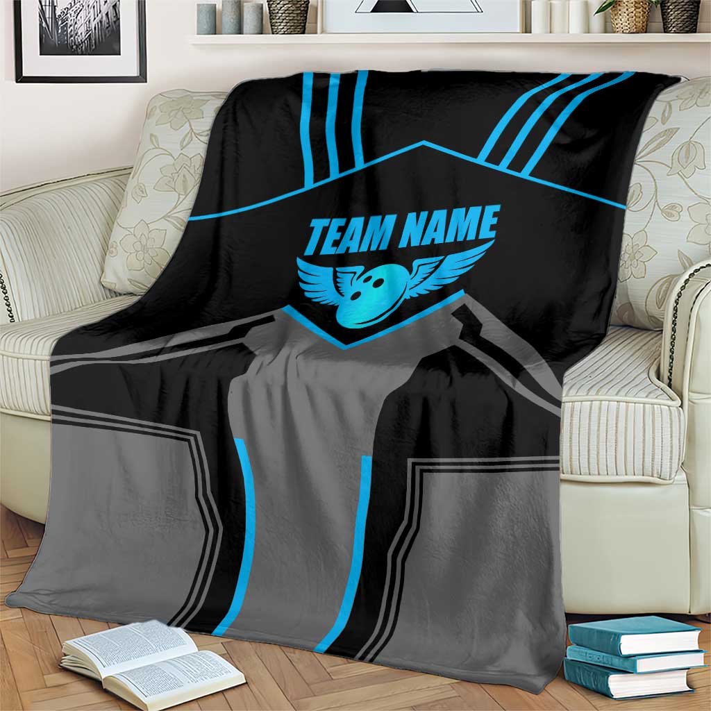 Custom Bowling Team Blanket with Blue Bowling Pin Heartbeat Graphic and Winged Emblem - Wonder Print Shop