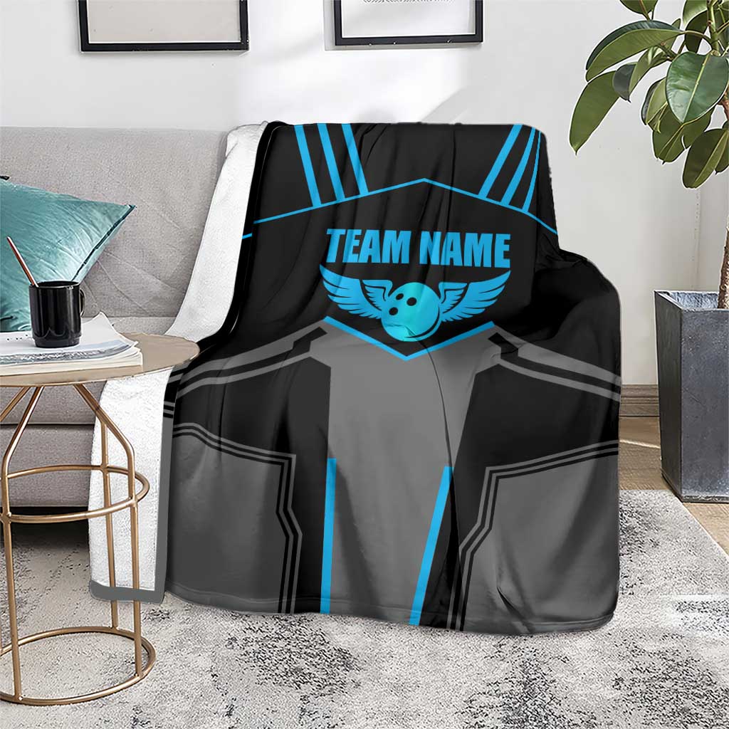Custom Bowling Team Blanket with Blue Bowling Pin Heartbeat Graphic and Winged Emblem - Wonder Print Shop