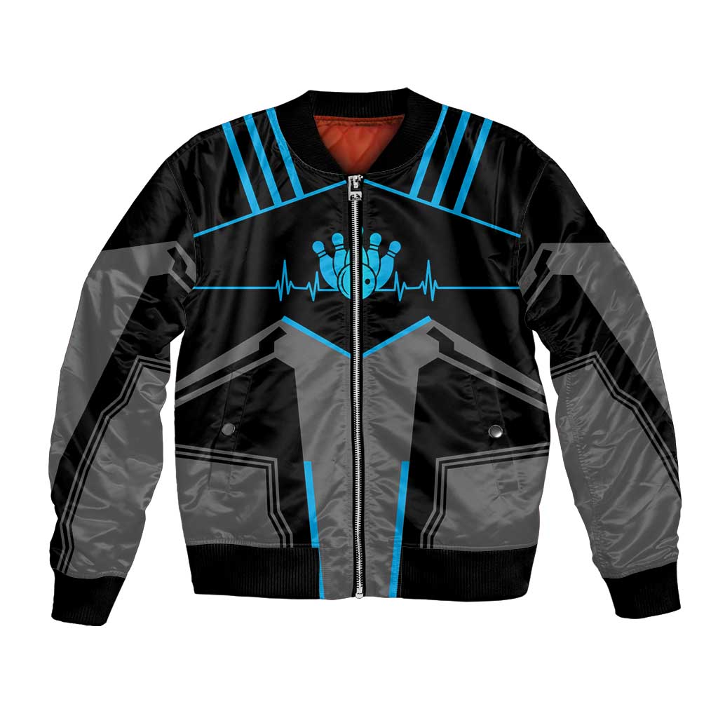 Custom Bowling Team Bomber Jacket with Blue Bowling Pin Heartbeat Graphic and Winged Emblem - Wonder Print Shop