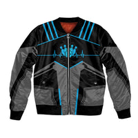 Custom Bowling Team Bomber Jacket with Blue Bowling Pin Heartbeat Graphic and Winged Emblem - Wonder Print Shop