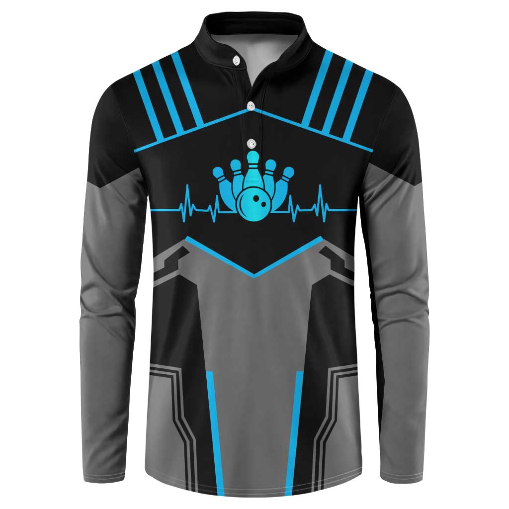 Custom Bowling Team Button Sweatshirt with Blue Bowling Pin Heartbeat Graphic and Winged Emblem - Wonder Print Shop