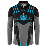 Custom Bowling Team Button Sweatshirt with Blue Bowling Pin Heartbeat Graphic and Winged Emblem - Wonder Print Shop