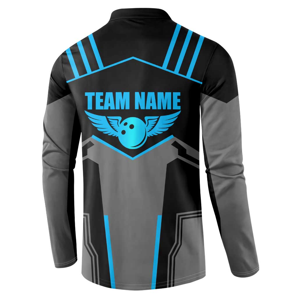 Custom Bowling Team Button Sweatshirt with Blue Bowling Pin Heartbeat Graphic and Winged Emblem - Wonder Print Shop