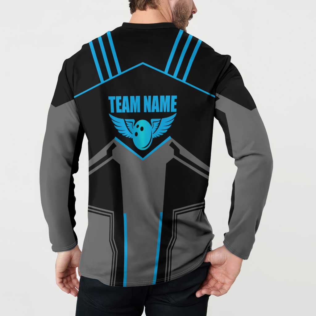 Custom Bowling Team Button Sweatshirt with Blue Bowling Pin Heartbeat Graphic and Winged Emblem - Wonder Print Shop