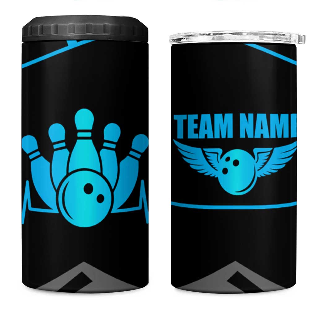 Custom Bowling Team 4 in 1 Can Cooler Tumbler with Blue Bowling Pin Heartbeat Graphic and Winged Emblem - Wonder Print Shop