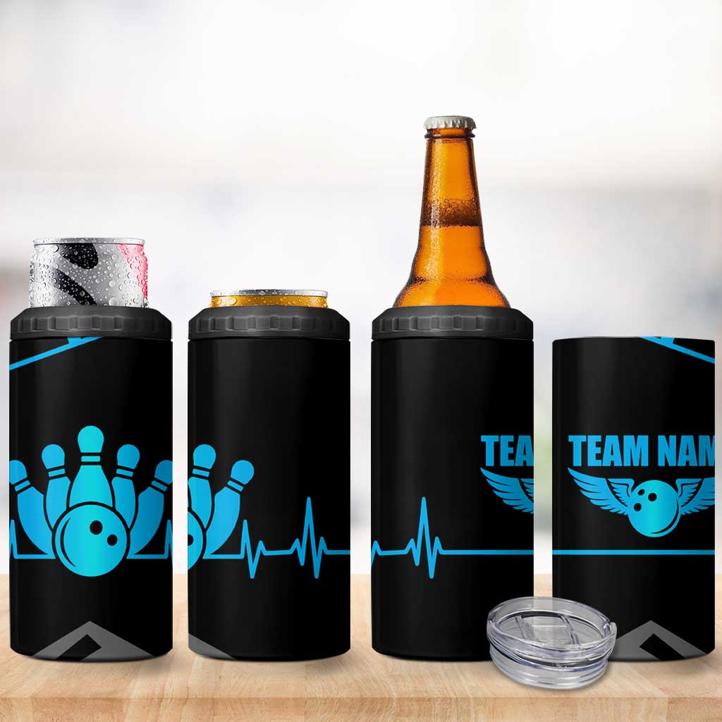 Custom Bowling Team 4 in 1 Can Cooler Tumbler with Blue Bowling Pin Heartbeat Graphic and Winged Emblem - Wonder Print Shop