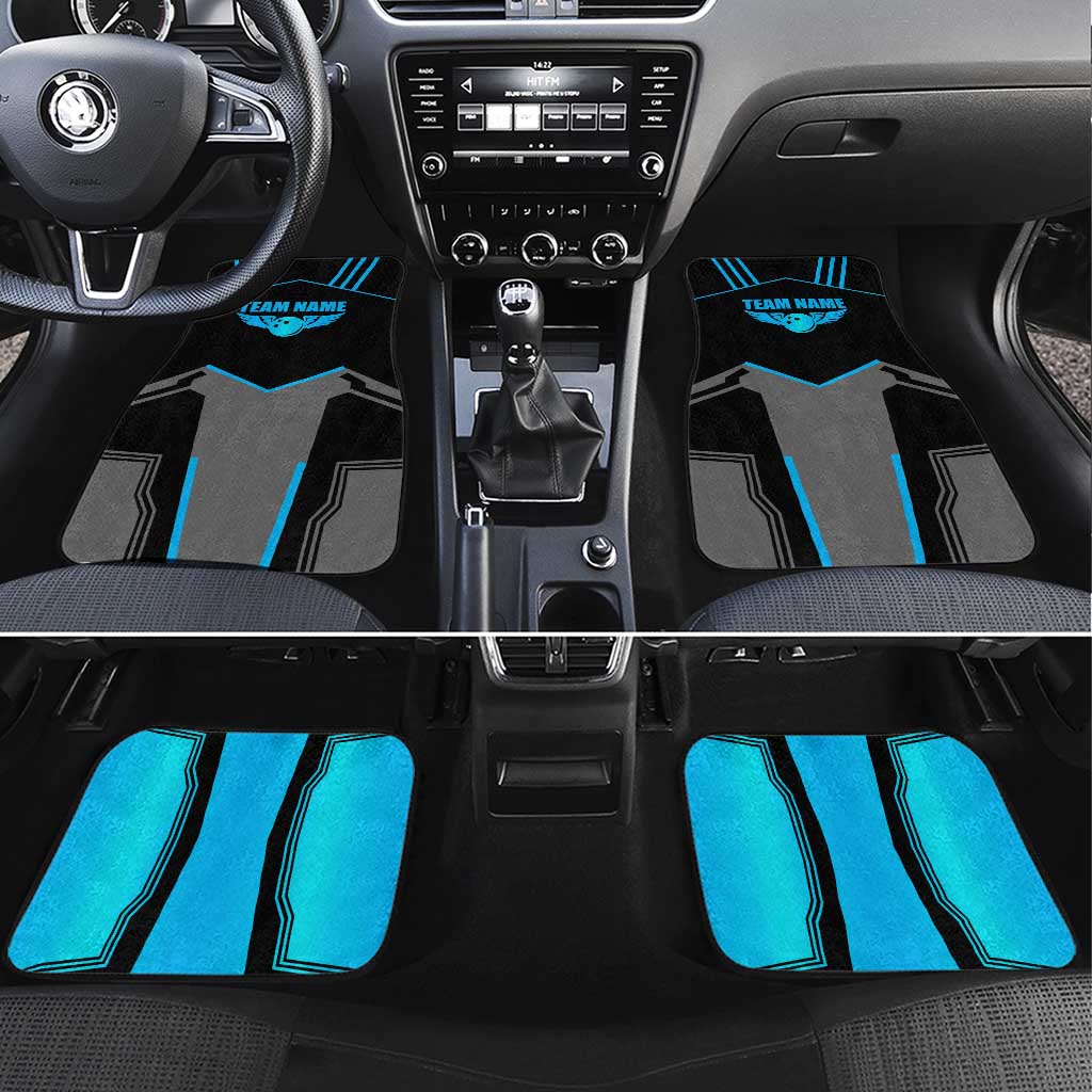 Custom Bowling Team Car Mats with Blue Bowling Pin Heartbeat Graphic and Winged Emblem - Wonder Print Shop