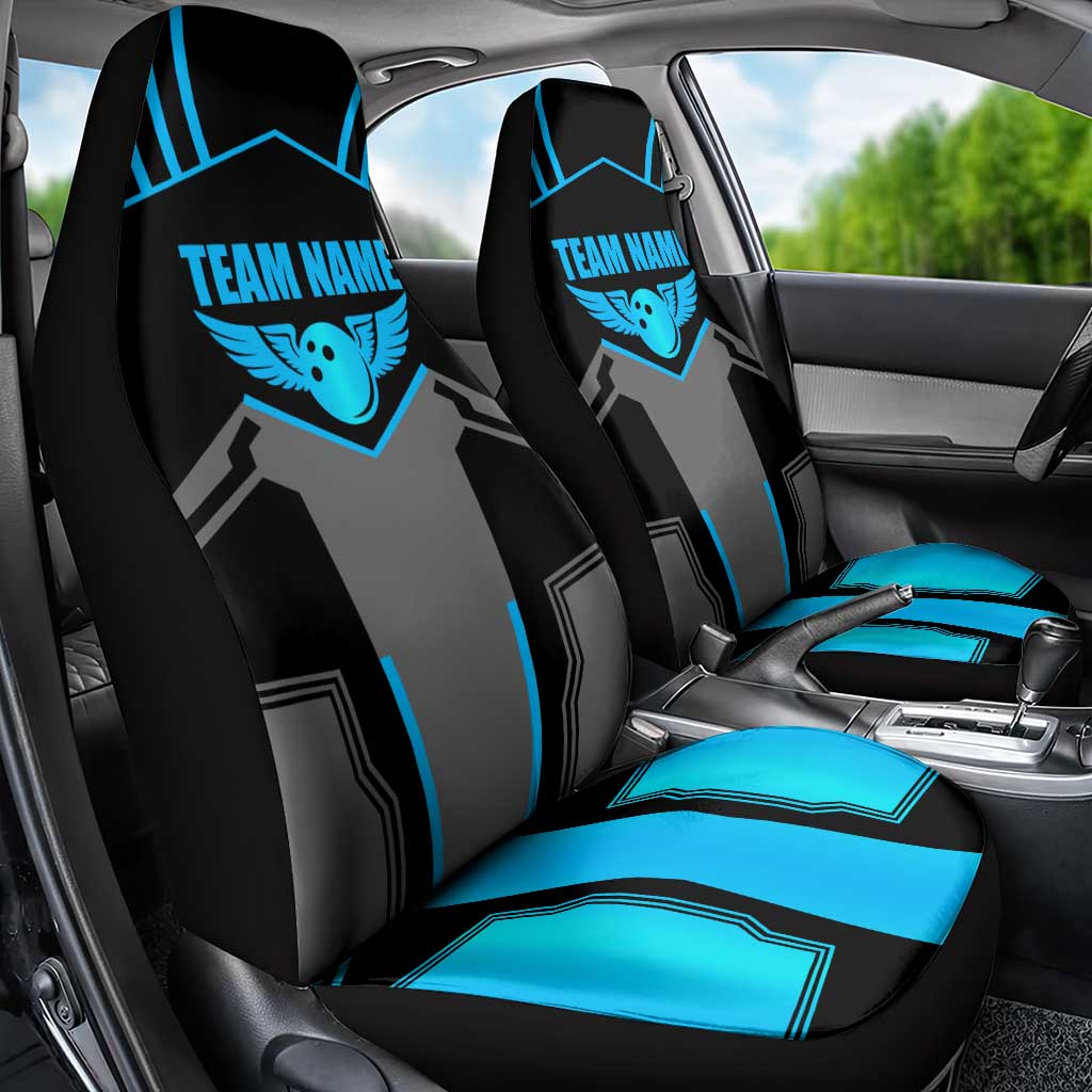 Custom Bowling Team Car Seat Cover with Blue Bowling Pin Heartbeat Graphic and Winged Emblem - Wonder Print Shop