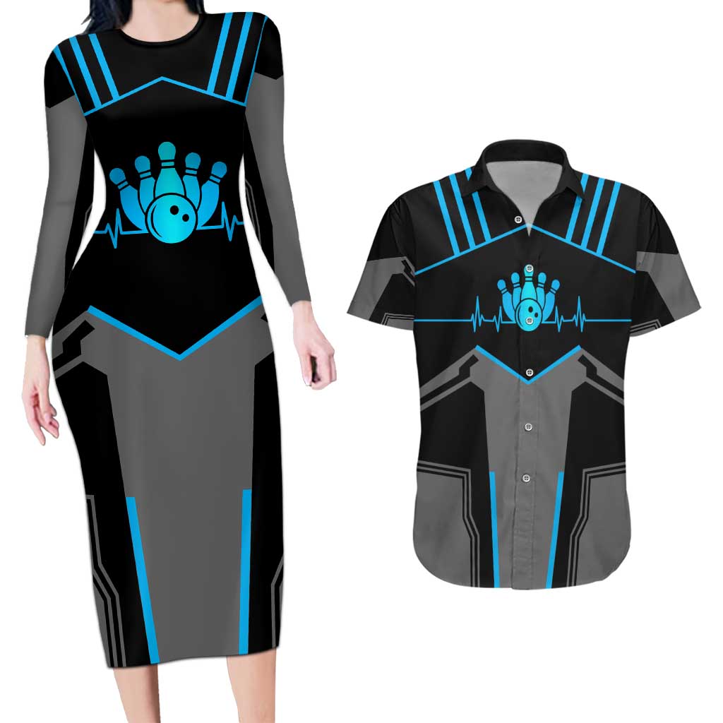 Custom Bowling Team Couples Matching Long Sleeve Bodycon Dress and Hawaiian Shirt with Blue Bowling Pin Heartbeat Graphic and Winged Emblem - Wonder Print Shop