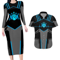 Custom Bowling Team Couples Matching Long Sleeve Bodycon Dress and Hawaiian Shirt with Blue Bowling Pin Heartbeat Graphic and Winged Emblem - Wonder Print Shop