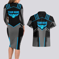 Custom Bowling Team Couples Matching Long Sleeve Bodycon Dress and Hawaiian Shirt with Blue Bowling Pin Heartbeat Graphic and Winged Emblem - Wonder Print Shop