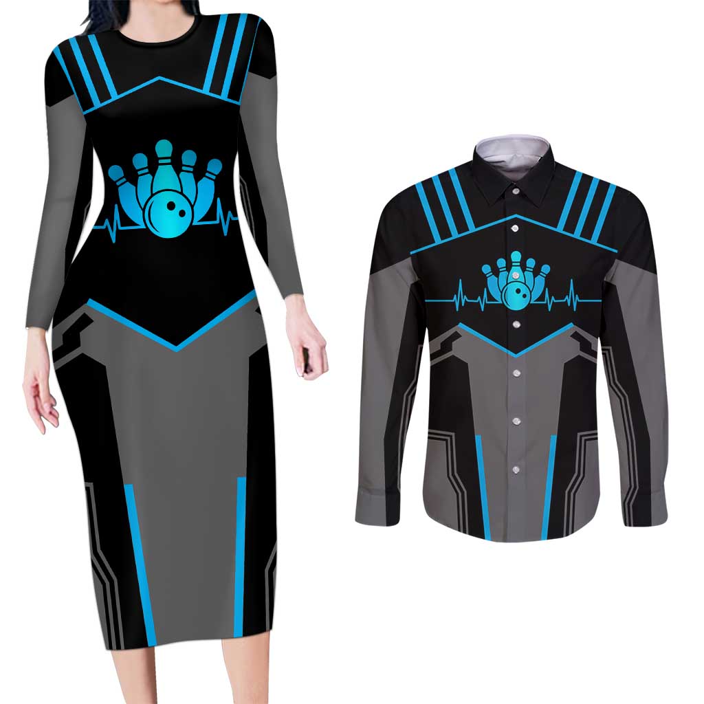 Custom Bowling Team Couples Matching Long Sleeve Bodycon Dress and Long Sleeve Button Shirt with Blue Bowling Pin Heartbeat Graphic and Winged Emblem - Wonder Print Shop