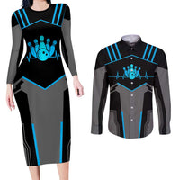 Custom Bowling Team Couples Matching Long Sleeve Bodycon Dress and Long Sleeve Button Shirt with Blue Bowling Pin Heartbeat Graphic and Winged Emblem - Wonder Print Shop