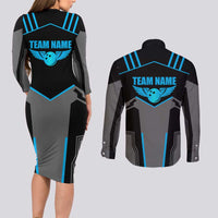 Custom Bowling Team Couples Matching Long Sleeve Bodycon Dress and Long Sleeve Button Shirt with Blue Bowling Pin Heartbeat Graphic and Winged Emblem - Wonder Print Shop
