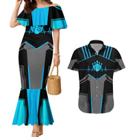 Custom Bowling Team Couples Matching Mermaid Dress and Hawaiian Shirt with Blue Bowling Pin Heartbeat Graphic and Winged Emblem - Wonder Print Shop