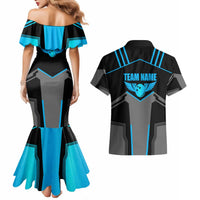 Custom Bowling Team Couples Matching Mermaid Dress and Hawaiian Shirt with Blue Bowling Pin Heartbeat Graphic and Winged Emblem - Wonder Print Shop