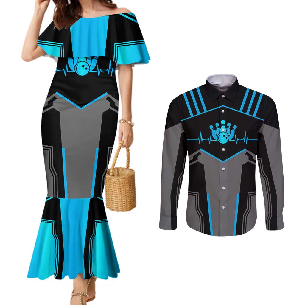 Custom Bowling Team Couples Matching Mermaid Dress and Long Sleeve Button Shirt with Blue Bowling Pin Heartbeat Graphic and Winged Emblem - Wonder Print Shop