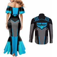 Custom Bowling Team Couples Matching Mermaid Dress and Long Sleeve Button Shirt with Blue Bowling Pin Heartbeat Graphic and Winged Emblem - Wonder Print Shop
