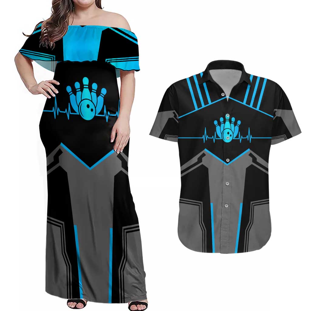 Custom Bowling Team Couples Matching Off Shoulder Maxi Dress and Hawaiian Shirt with Blue Bowling Pin Heartbeat Graphic and Winged Emblem - Wonder Print Shop