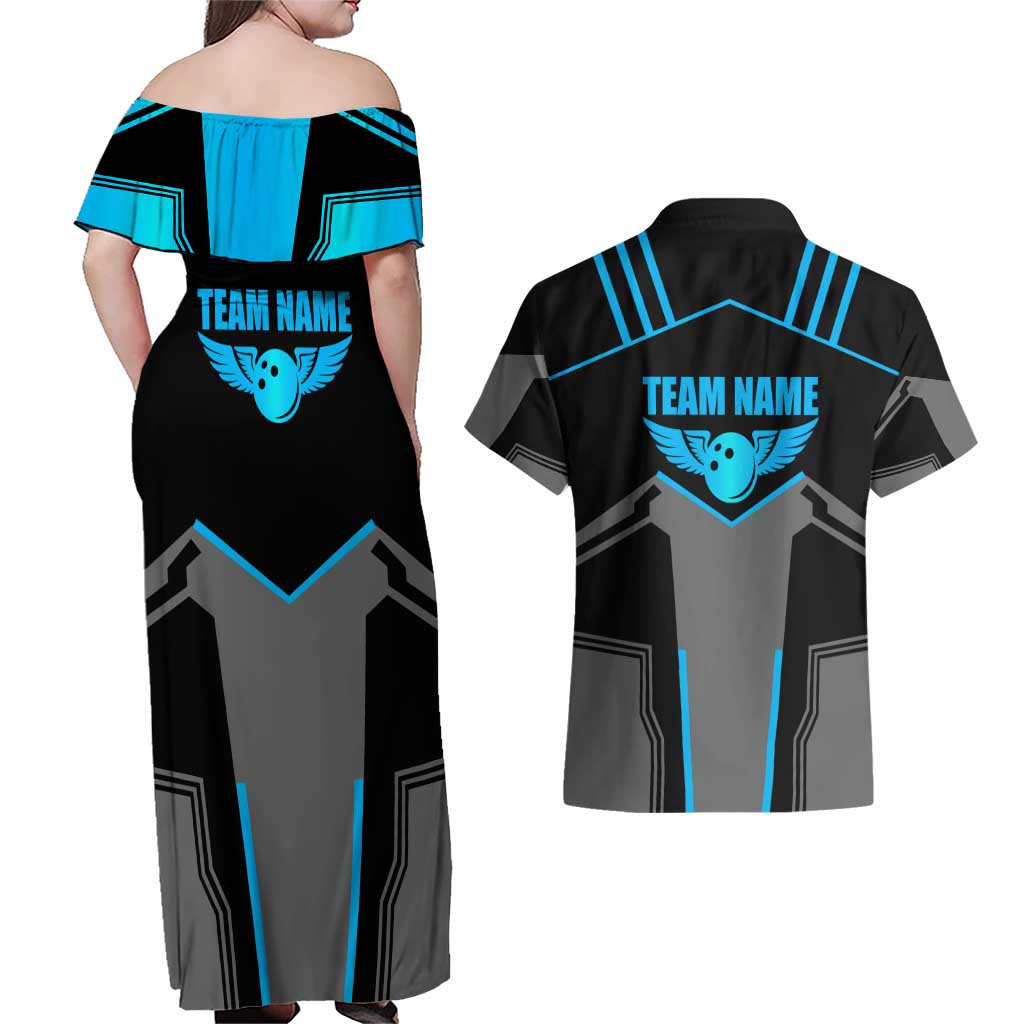 Custom Bowling Team Couples Matching Off Shoulder Maxi Dress and Hawaiian Shirt with Blue Bowling Pin Heartbeat Graphic and Winged Emblem - Wonder Print Shop