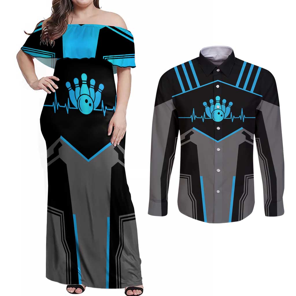 Custom Bowling Team Couples Matching Off Shoulder Maxi Dress and Long Sleeve Button Shirt with Blue Bowling Pin Heartbeat Graphic and Winged Emblem - Wonder Print Shop