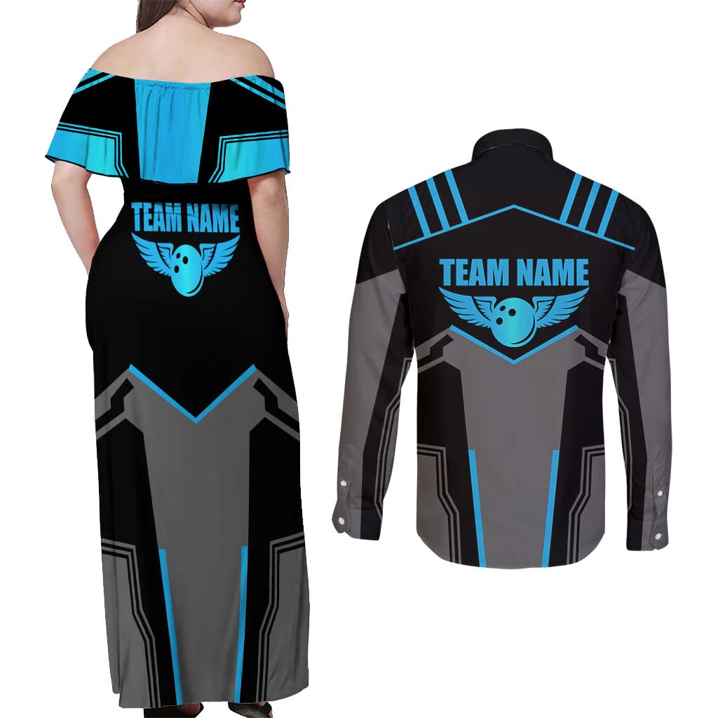 Custom Bowling Team Couples Matching Off Shoulder Maxi Dress and Long Sleeve Button Shirt with Blue Bowling Pin Heartbeat Graphic and Winged Emblem - Wonder Print Shop