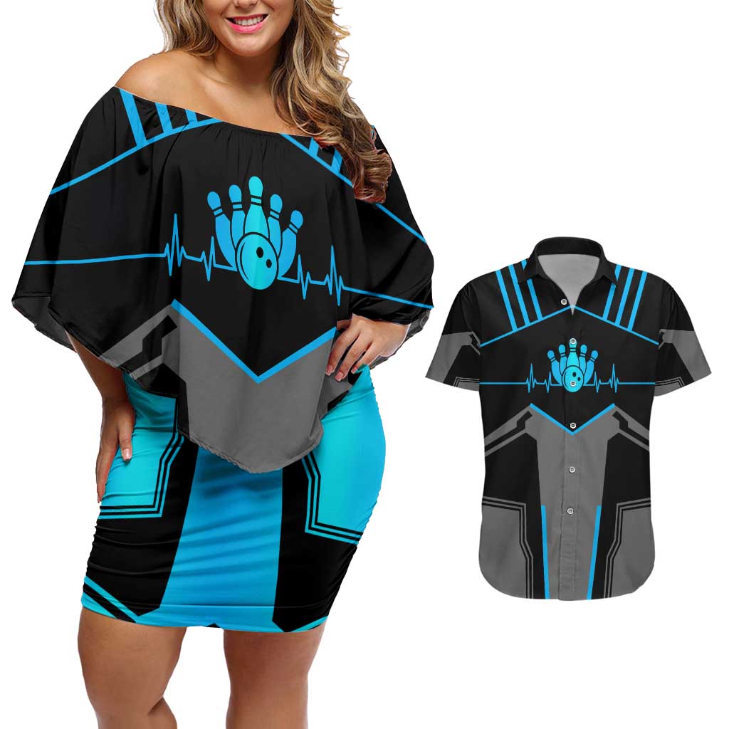 Custom Bowling Team Couples Matching Off Shoulder Short Dress and Hawaiian Shirt with Blue Bowling Pin Heartbeat Graphic and Winged Emblem - Wonder Print Shop