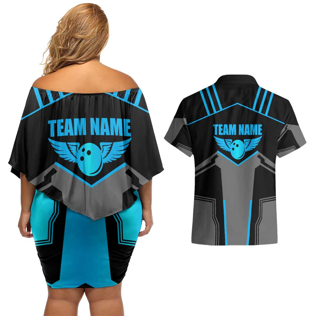 Custom Bowling Team Couples Matching Off Shoulder Short Dress and Hawaiian Shirt with Blue Bowling Pin Heartbeat Graphic and Winged Emblem - Wonder Print Shop