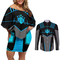 Custom Bowling Team Couples Matching Off Shoulder Short Dress and Long Sleeve Button Shirt with Blue Bowling Pin Heartbeat Graphic and Winged Emblem - Wonder Print Shop