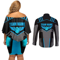Custom Bowling Team Couples Matching Off Shoulder Short Dress and Long Sleeve Button Shirt with Blue Bowling Pin Heartbeat Graphic and Winged Emblem - Wonder Print Shop