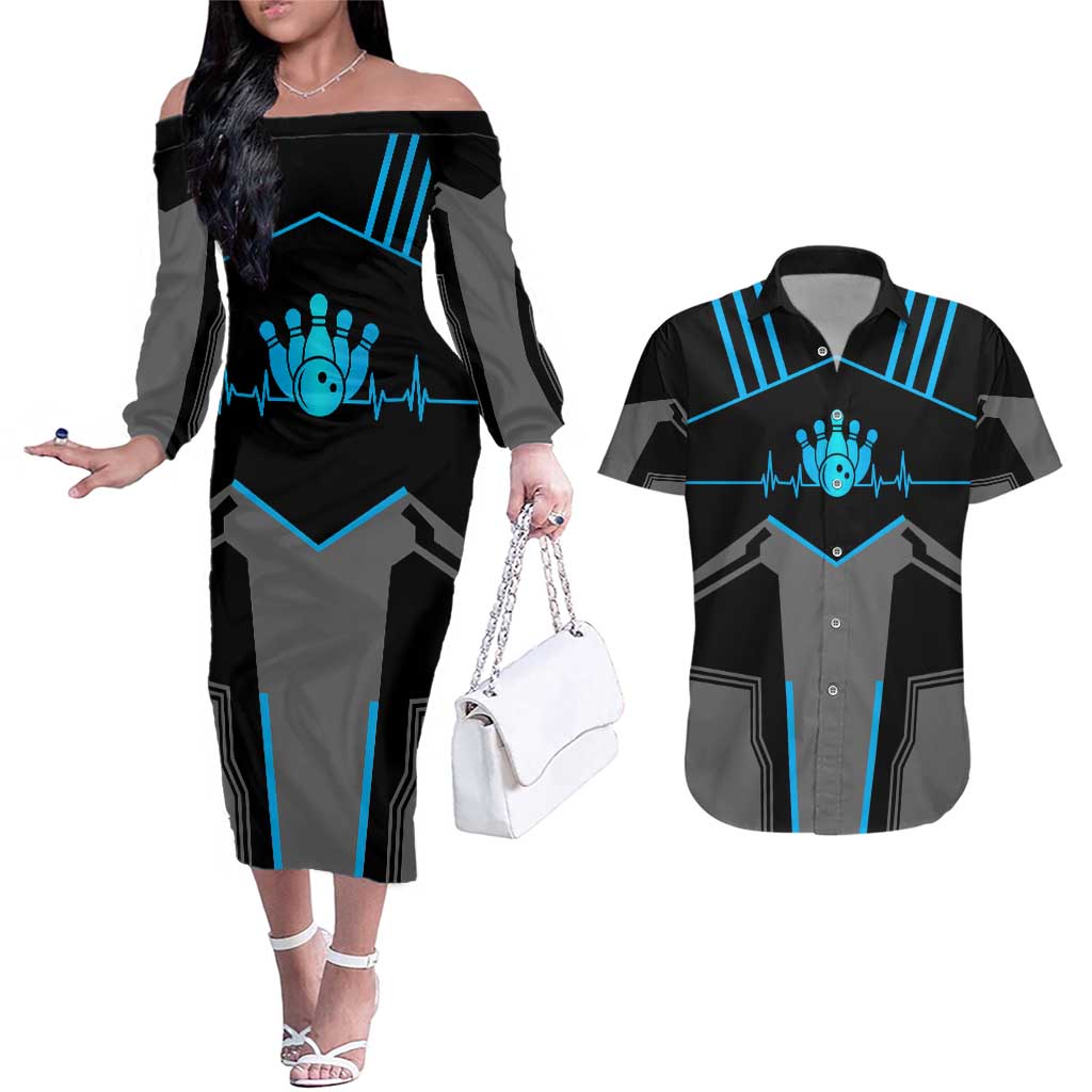 Custom Bowling Team Couples Matching Off The Shoulder Long Sleeve Dress and Hawaiian Shirt with Blue Bowling Pin Heartbeat Graphic and Winged Emblem - Wonder Print Shop