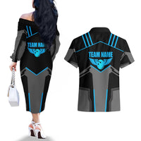 Custom Bowling Team Couples Matching Off The Shoulder Long Sleeve Dress and Hawaiian Shirt with Blue Bowling Pin Heartbeat Graphic and Winged Emblem - Wonder Print Shop