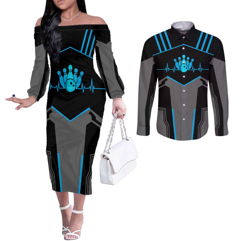 Custom Bowling Team Couples Matching Off The Shoulder Long Sleeve Dress and Long Sleeve Button Shirt with Blue Bowling Pin Heartbeat Graphic and Winged Emblem - Wonder Print Shop