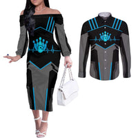 Custom Bowling Team Couples Matching Off The Shoulder Long Sleeve Dress and Long Sleeve Button Shirt with Blue Bowling Pin Heartbeat Graphic and Winged Emblem - Wonder Print Shop