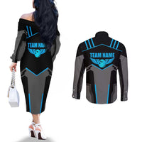 Custom Bowling Team Couples Matching Off The Shoulder Long Sleeve Dress and Long Sleeve Button Shirt with Blue Bowling Pin Heartbeat Graphic and Winged Emblem - Wonder Print Shop