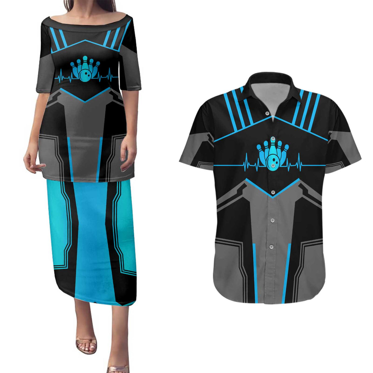 Custom Bowling Team Couples Matching Puletasi and Hawaiian Shirt with Blue Bowling Pin Heartbeat Graphic and Winged Emblem - Wonder Print Shop