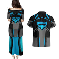 Custom Bowling Team Couples Matching Puletasi and Hawaiian Shirt with Blue Bowling Pin Heartbeat Graphic and Winged Emblem - Wonder Print Shop