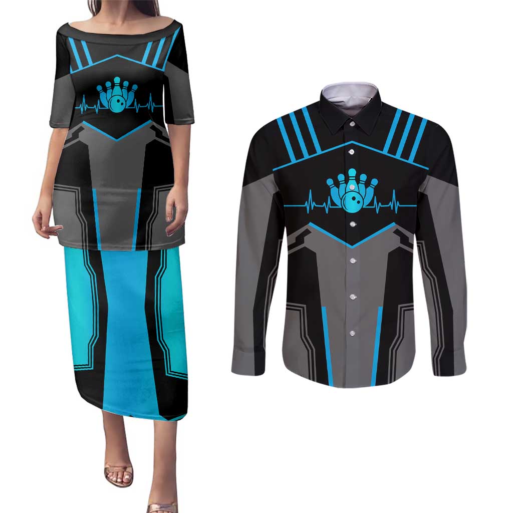 Custom Bowling Team Couples Matching Puletasi and Long Sleeve Button Shirt with Blue Bowling Pin Heartbeat Graphic and Winged Emblem - Wonder Print Shop