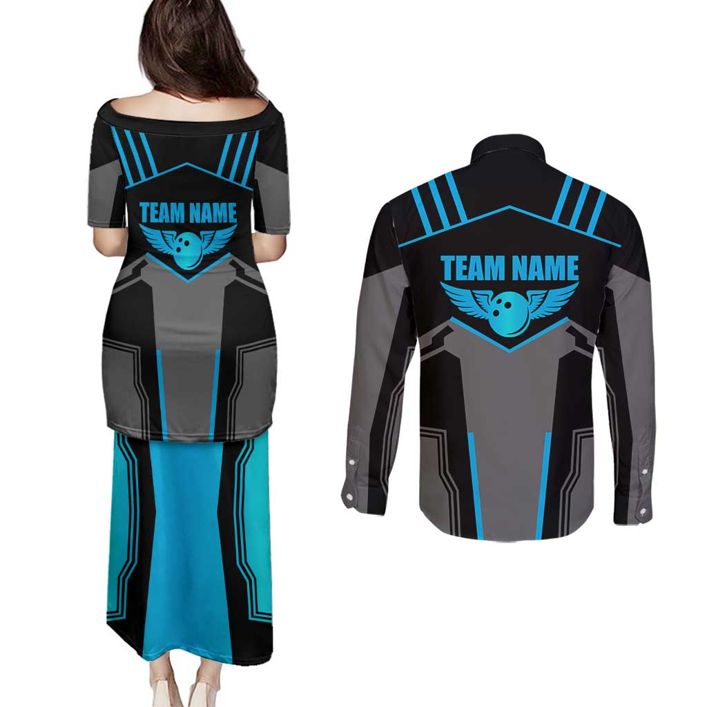 Custom Bowling Team Couples Matching Puletasi and Long Sleeve Button Shirt with Blue Bowling Pin Heartbeat Graphic and Winged Emblem - Wonder Print Shop