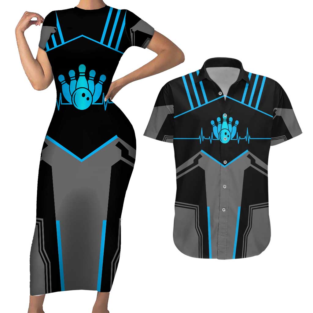 Custom Bowling Team Couples Matching Short Sleeve Bodycon Dress and Hawaiian Shirt with Blue Bowling Pin Heartbeat Graphic and Winged Emblem - Wonder Print Shop
