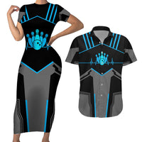 Custom Bowling Team Couples Matching Short Sleeve Bodycon Dress and Hawaiian Shirt with Blue Bowling Pin Heartbeat Graphic and Winged Emblem - Wonder Print Shop