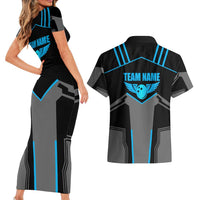 Custom Bowling Team Couples Matching Short Sleeve Bodycon Dress and Hawaiian Shirt with Blue Bowling Pin Heartbeat Graphic and Winged Emblem - Wonder Print Shop