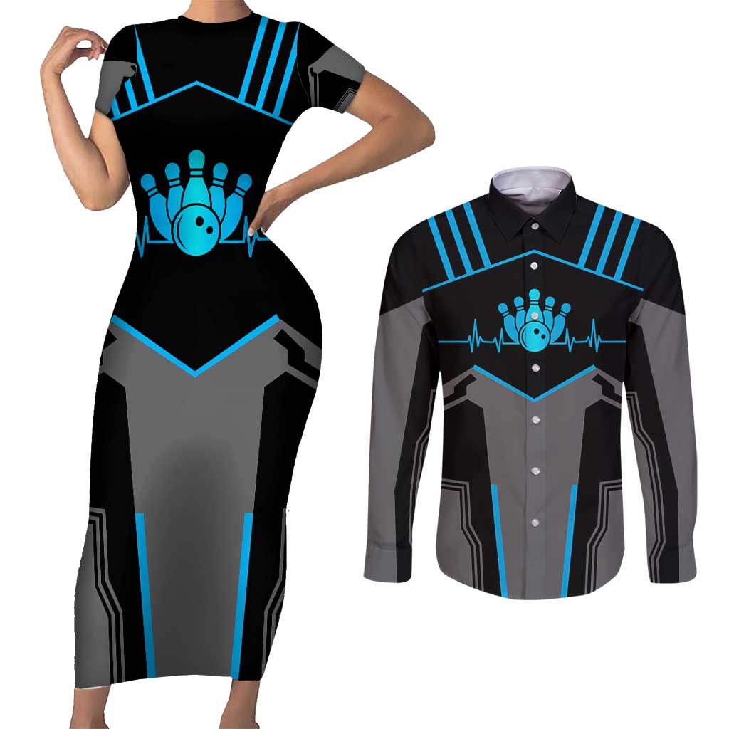 Custom Bowling Team Couples Matching Short Sleeve Bodycon Dress and Long Sleeve Button Shirt with Blue Bowling Pin Heartbeat Graphic and Winged Emblem - Wonder Print Shop
