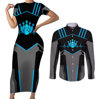 Custom Bowling Team Couples Matching Short Sleeve Bodycon Dress and Long Sleeve Button Shirt with Blue Bowling Pin Heartbeat Graphic and Winged Emblem - Wonder Print Shop