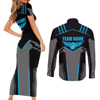 Custom Bowling Team Couples Matching Short Sleeve Bodycon Dress and Long Sleeve Button Shirt with Blue Bowling Pin Heartbeat Graphic and Winged Emblem - Wonder Print Shop