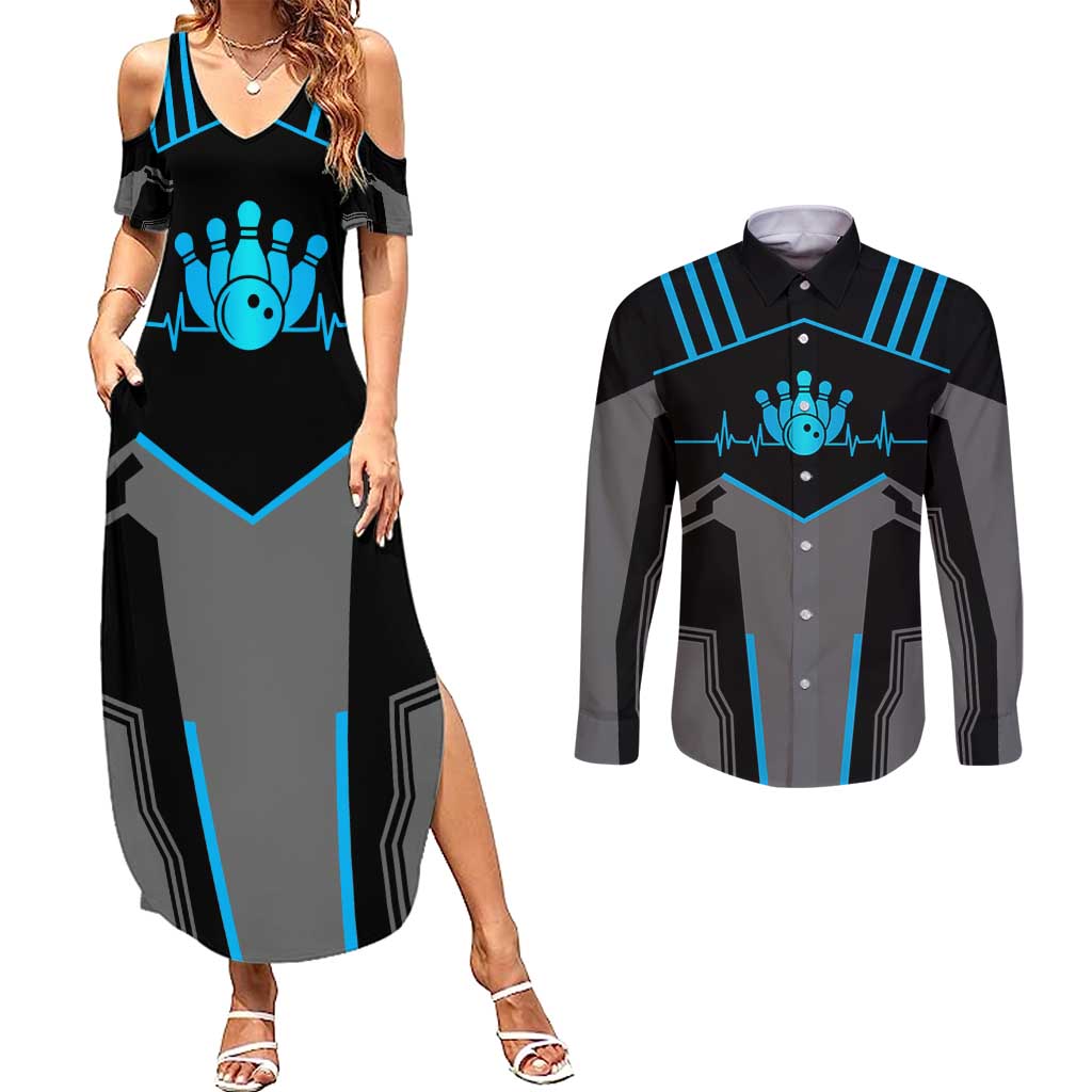Custom Bowling Team Couples Matching Summer Maxi Dress and Long Sleeve Button Shirt with Blue Bowling Pin Heartbeat Graphic and Winged Emblem - Wonder Print Shop