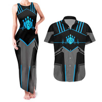 Custom Bowling Team Couples Matching Tank Maxi Dress and Hawaiian Shirt with Blue Bowling Pin Heartbeat Graphic and Winged Emblem - Wonder Print Shop