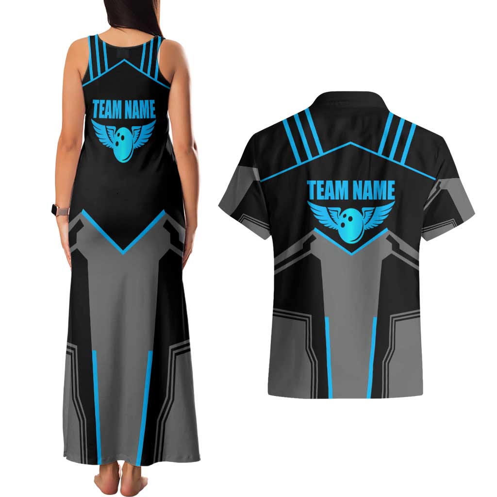 Custom Bowling Team Couples Matching Tank Maxi Dress and Hawaiian Shirt with Blue Bowling Pin Heartbeat Graphic and Winged Emblem - Wonder Print Shop